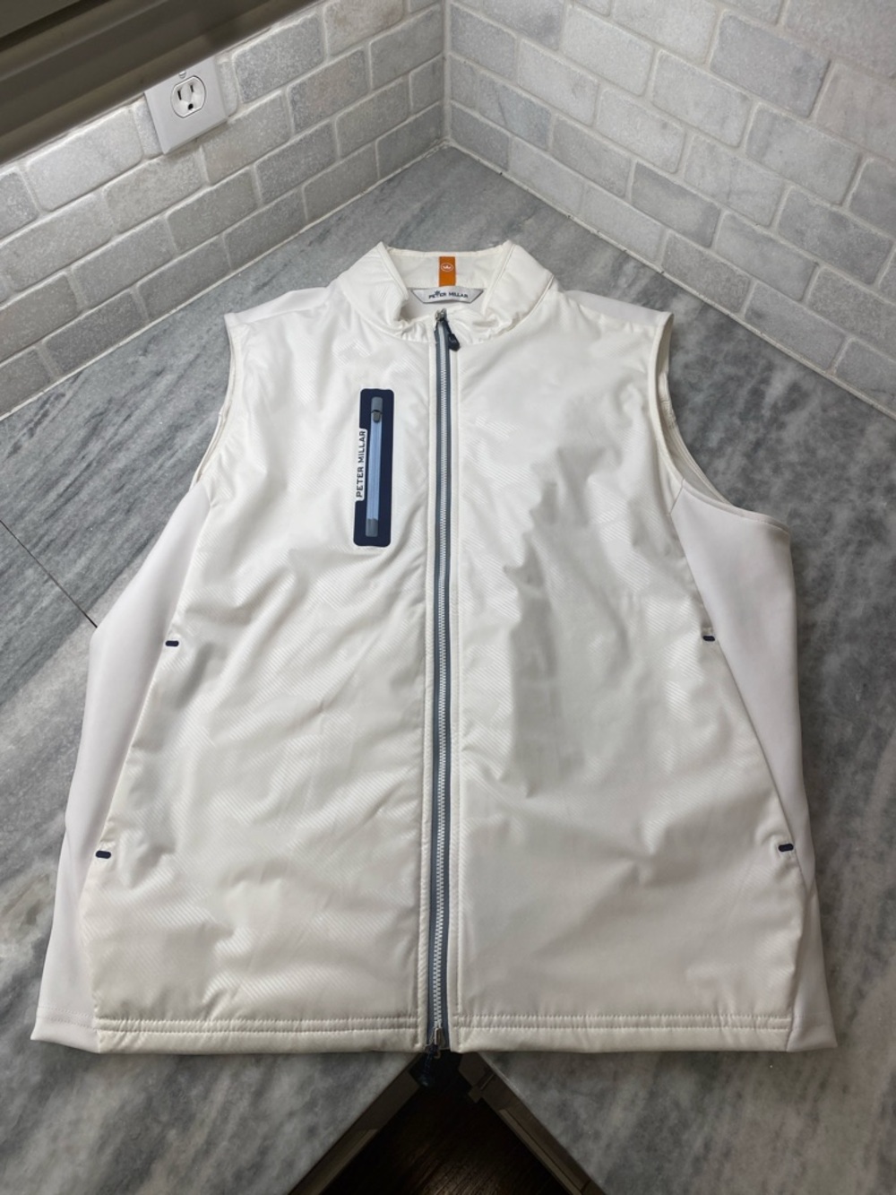 Peter Millar White Sleeveless Zip Vest with Navy Trim